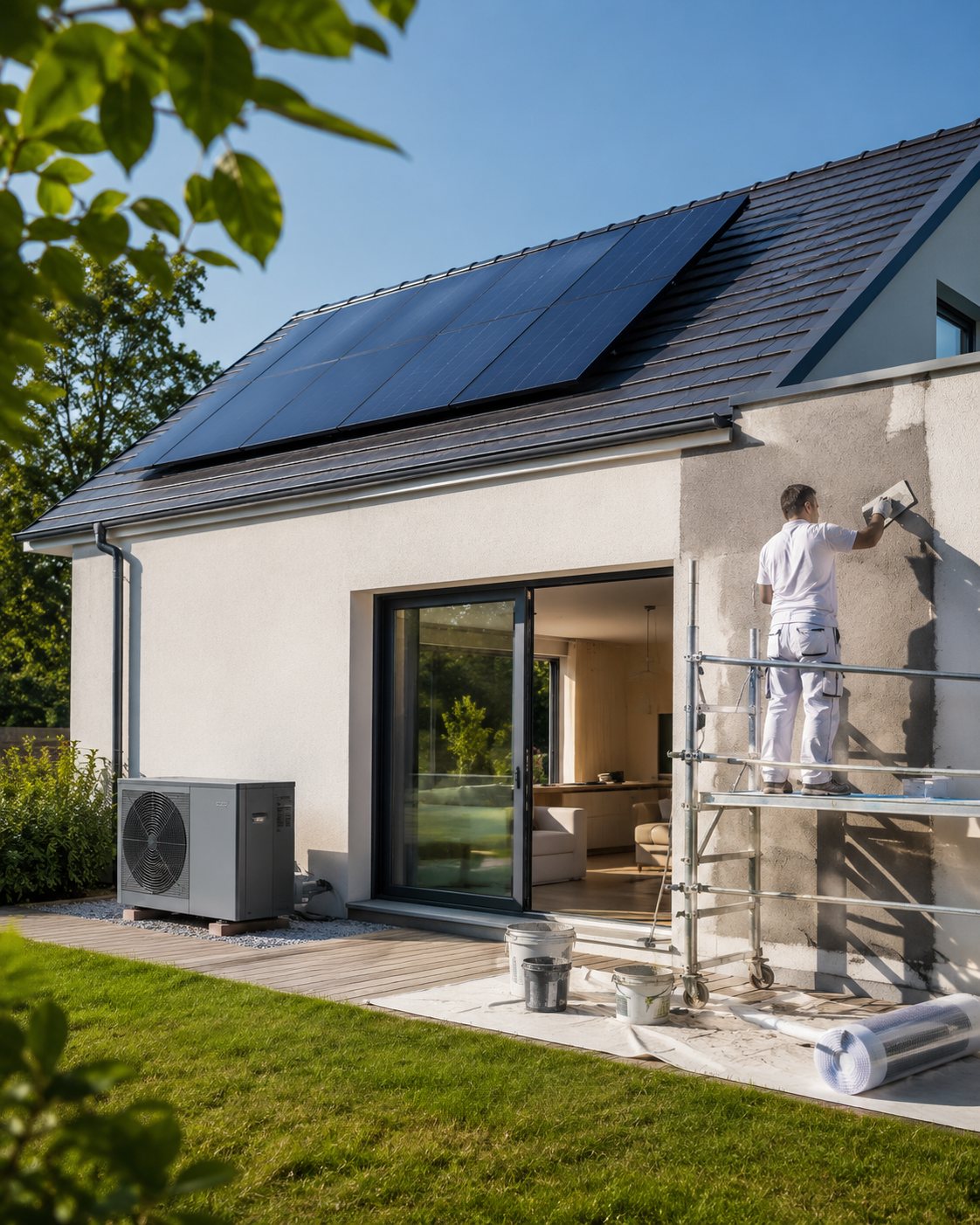 Chantier LABEL Confort : ravalement sur isolation extérieure, pompe à chaleur et panneaux photovoltaïques