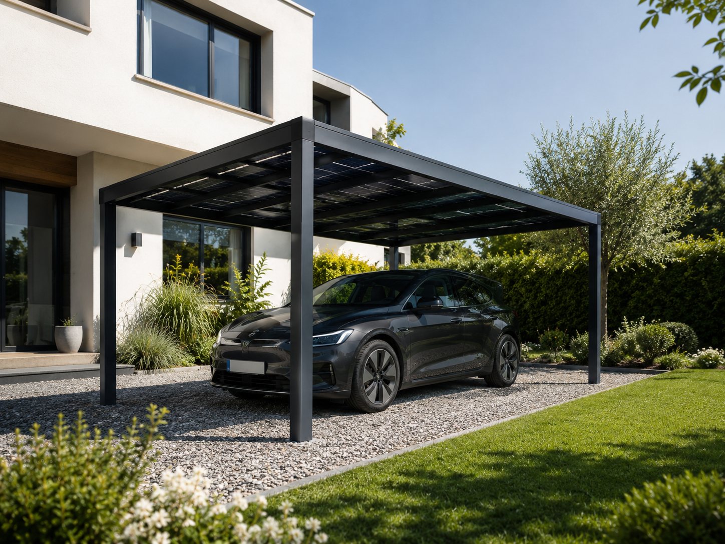 Carport solaire aluminium anthracite avec panneaux en toiture