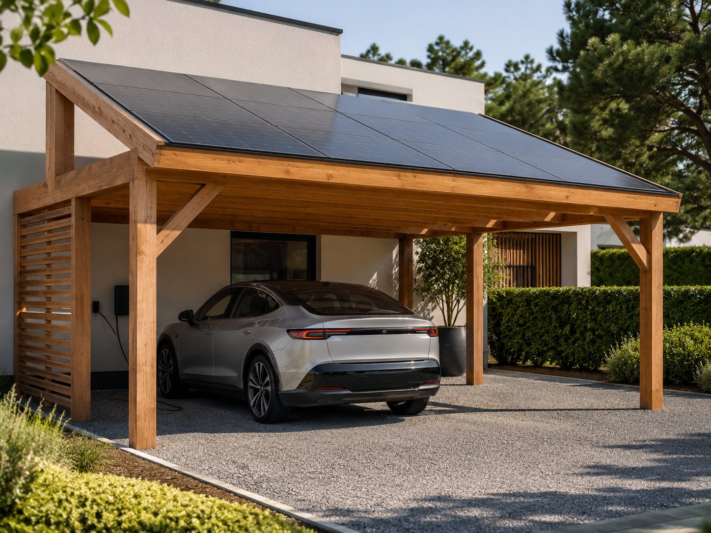 Carport solaire en ossature bois avec panneaux photovoltaïques