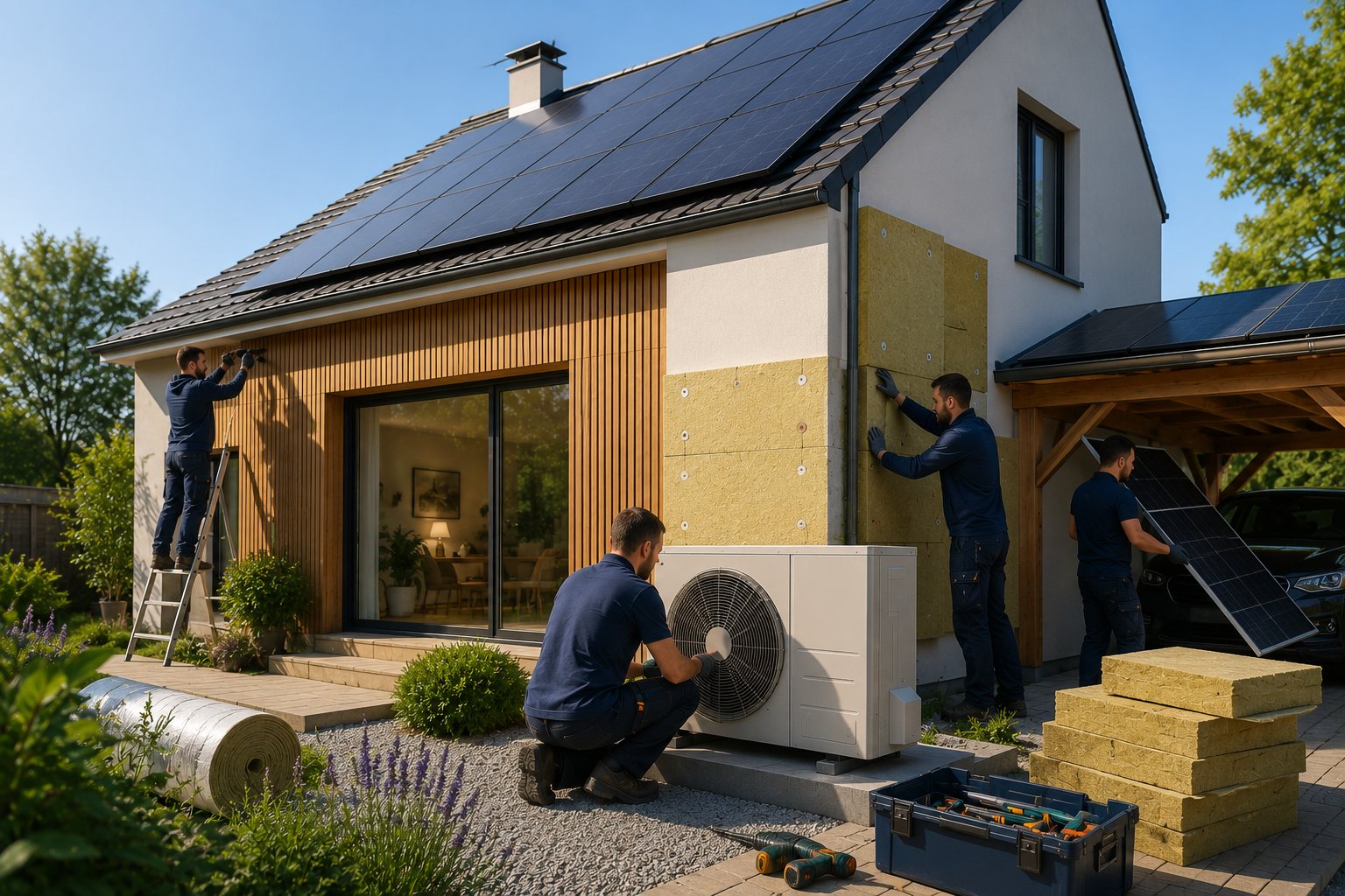 Techniciens LABEL Confort installant une pompe à chaleur, des panneaux photovoltaïques et une isolation extérieure