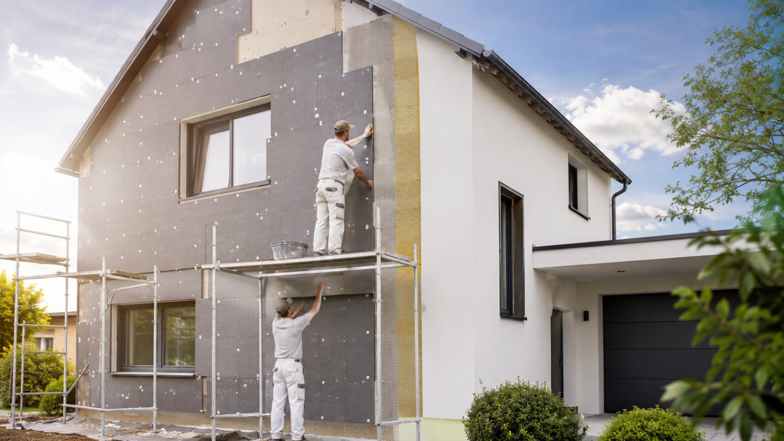Chantier d’isolation thermique par l’extérieur sur échafaudage
